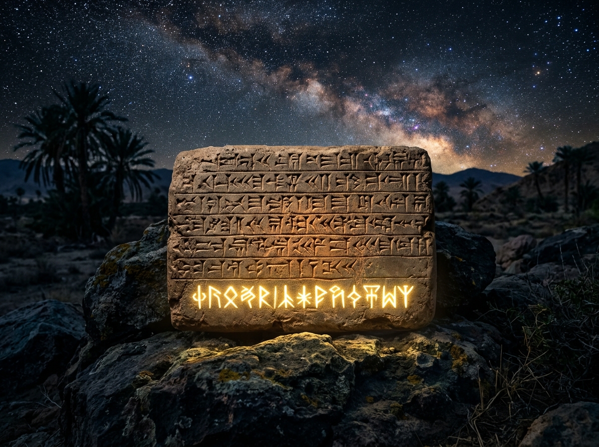 Ancient Carved Cuneiform Runes under Starry Sky